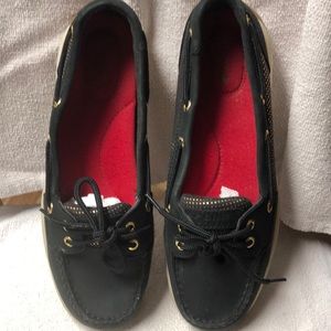 Navy blue womens leather boat shoes